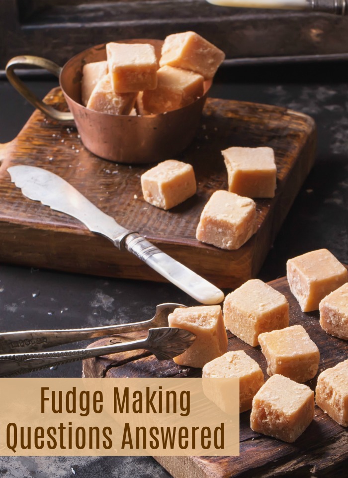 Rustic scene with fudge, knife and tongs and words reading "fudge making questions answered."