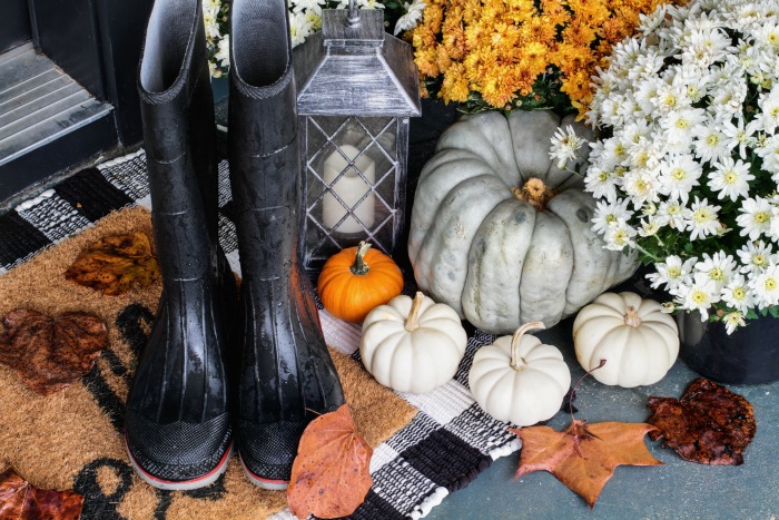 Fall greenery decor with heirloom pumpkins.