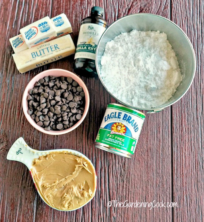 Butter, vanilla, chocolate, peanut butter, sugar, condensed milk - for making fudge.