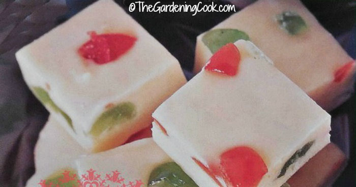 White chocolate fudge with cherries in it to look mosaic.