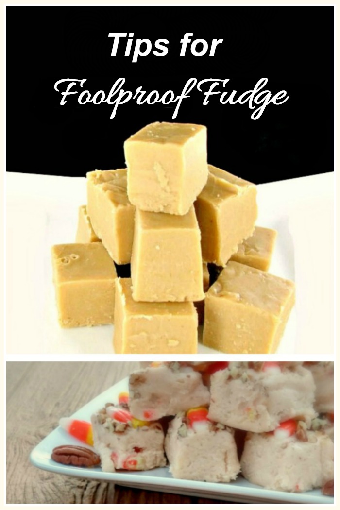 Piles of fudge with text reading "tips for foolproof fudge."