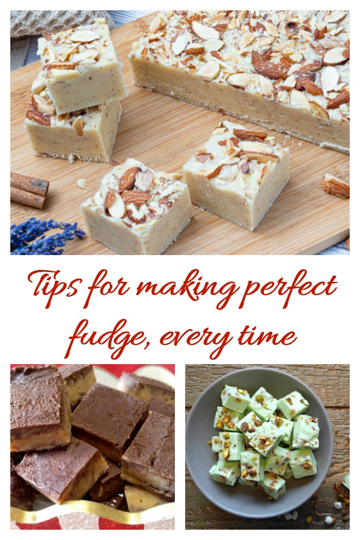 Three types of fudge in a collage with words reading "tips for making perfect fudge, every time."