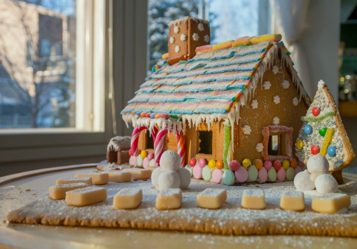 Gingerbread house decorated with candy near a sunny window.