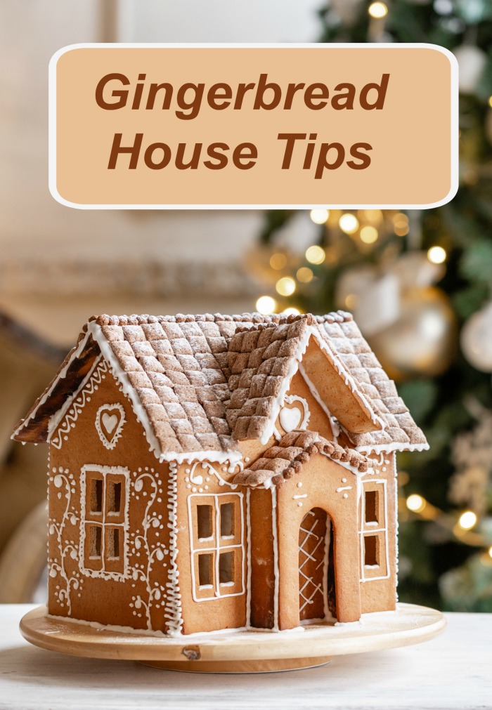 Plain gingerbread house with white icing near a Christmas tree with words reading "Gingerbread house tips."