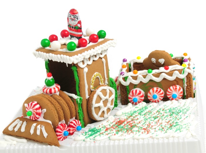 Train made of gingerbread with candy decorations.