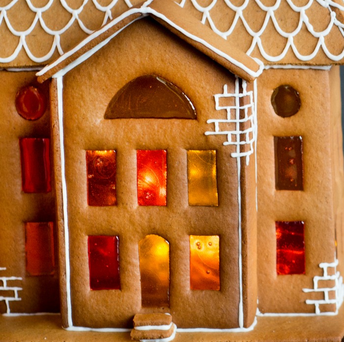 Stained glass windows in a gingerbread house.