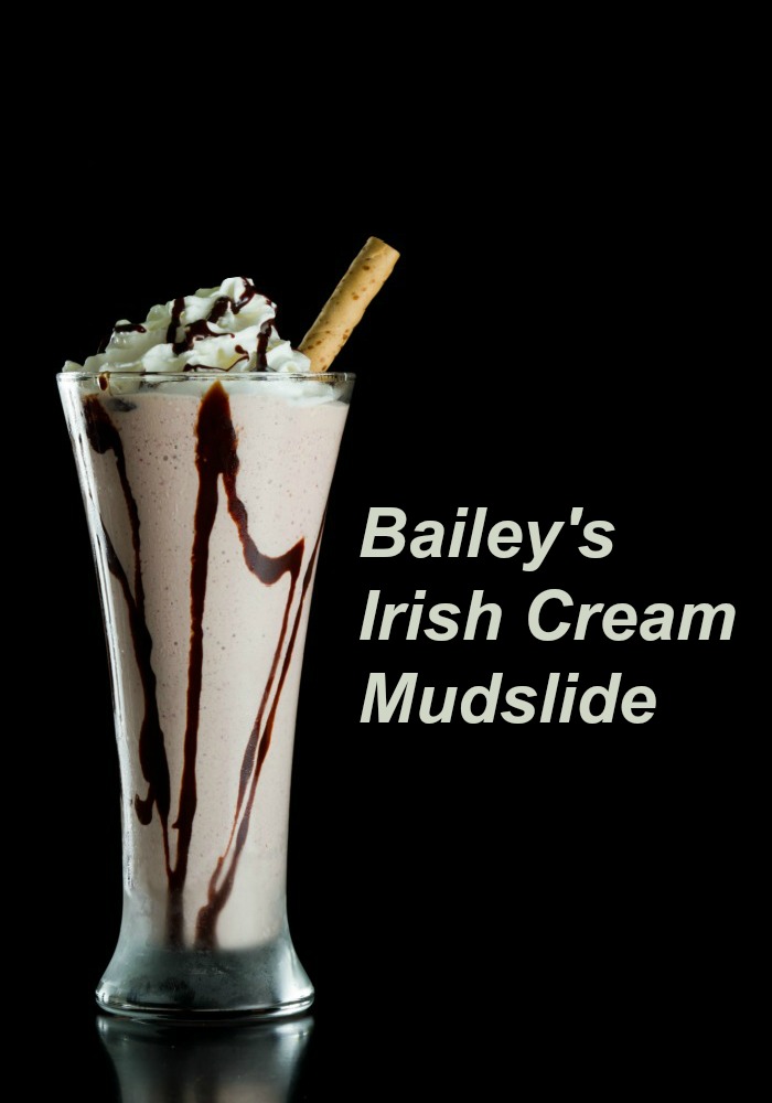 Bailey's Irish Cream Mudslide cocktail in a tall glass with cinnamon stick and words reading "Bailey's Irish Cream Mudslide."