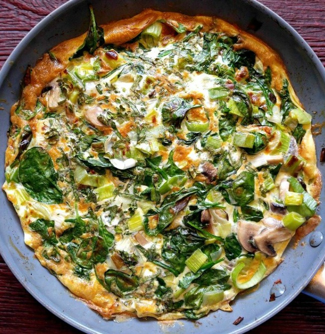 A frittata is cooked on the store top and finished in the oven