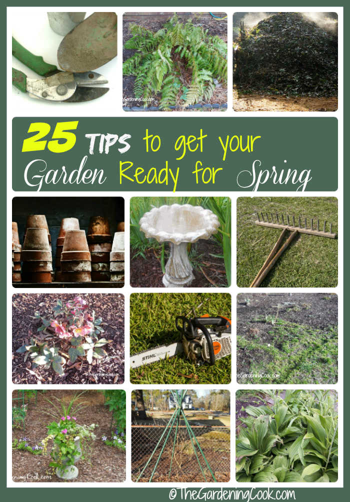 Collage showing gardening chores and words reading 25 tips to get your garden ready for spring.