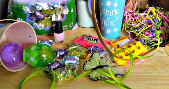 candy, coffee cup nail polish and more supplies for a teenage Easter basket