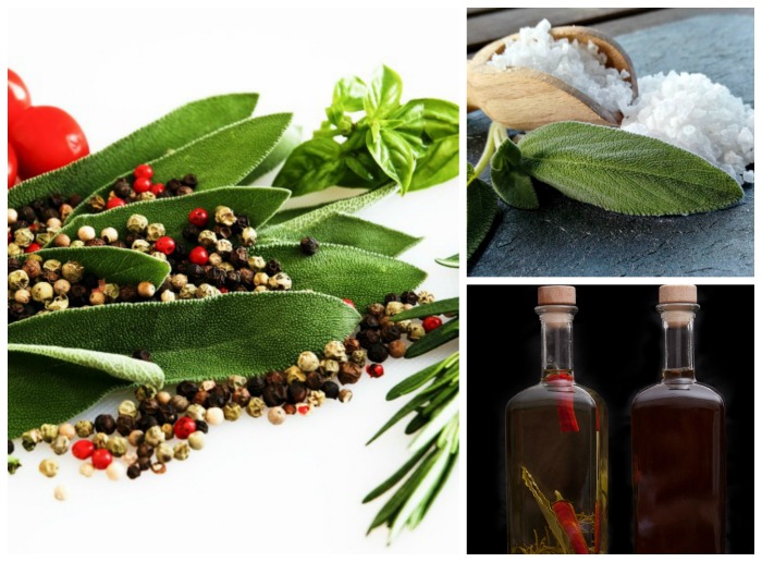 sage and herbs, sage and salt, and vinegar bottles in a collage.
