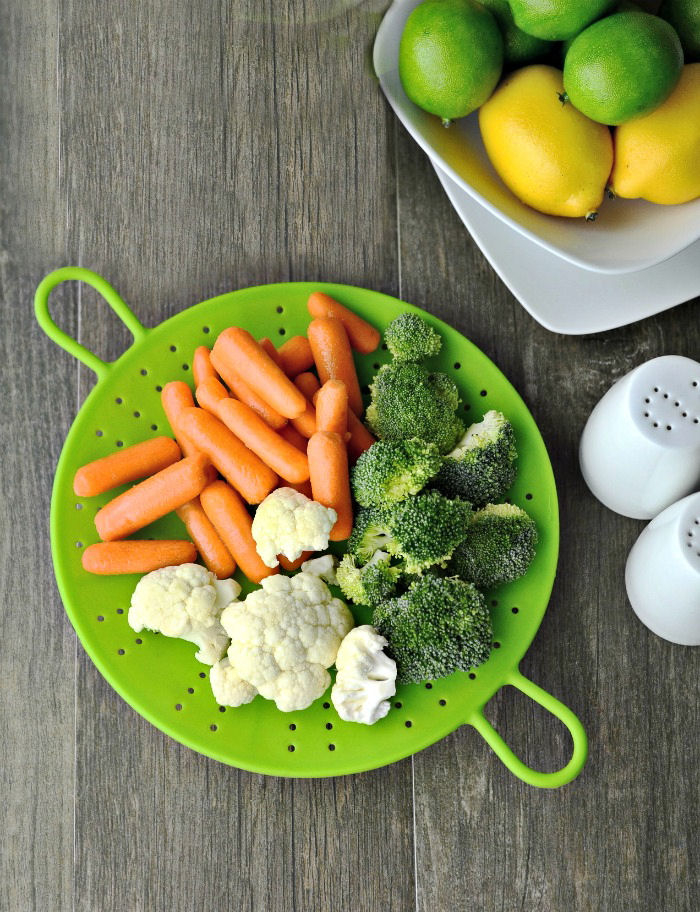 Vegetables on a steamer basket