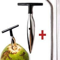 Ken's CocoMon Coconut Opener Tool + Stainless Straw for Fresh GREEN Young Fruit Black Rubber Handle EZ Easy Grip SAFE with Stainless Steel Drinking Straws (1 CocoMon + 1 Straw)