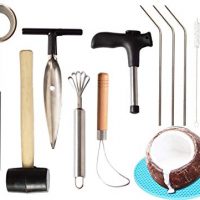 Coconut Opener| Coconut Opener Kit with Hammer Stainless Steel Opening Utensil Premium Wooden Handle| Coconut spoon| Drinking Straws| Straw Cleaner| Coconut Opener Tool Set for Coconuts Drinks (11pcs)