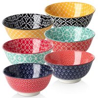 DOWAN 23 Ounces Porcelain Bowls Set, Cereal, Soup, Pasta Bowls, Set of 6, Colorful Design