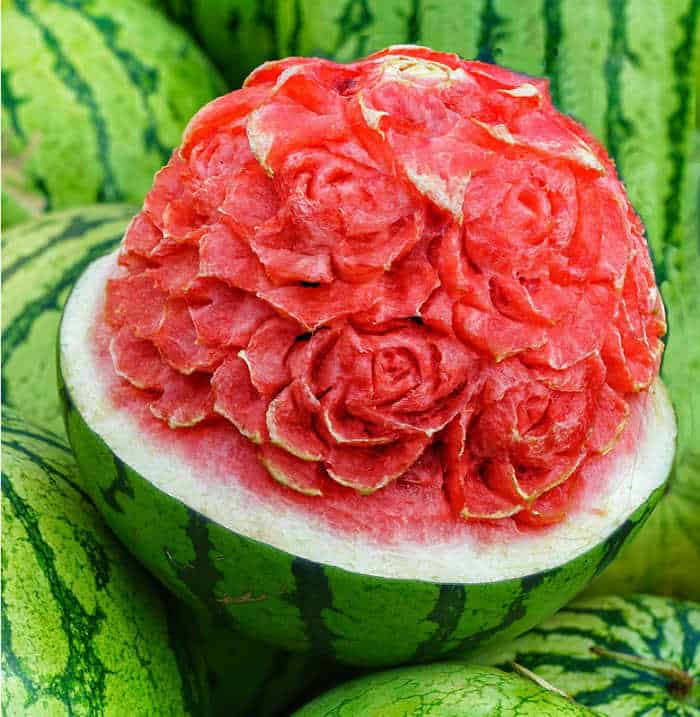 Watermelon carving of a flower.