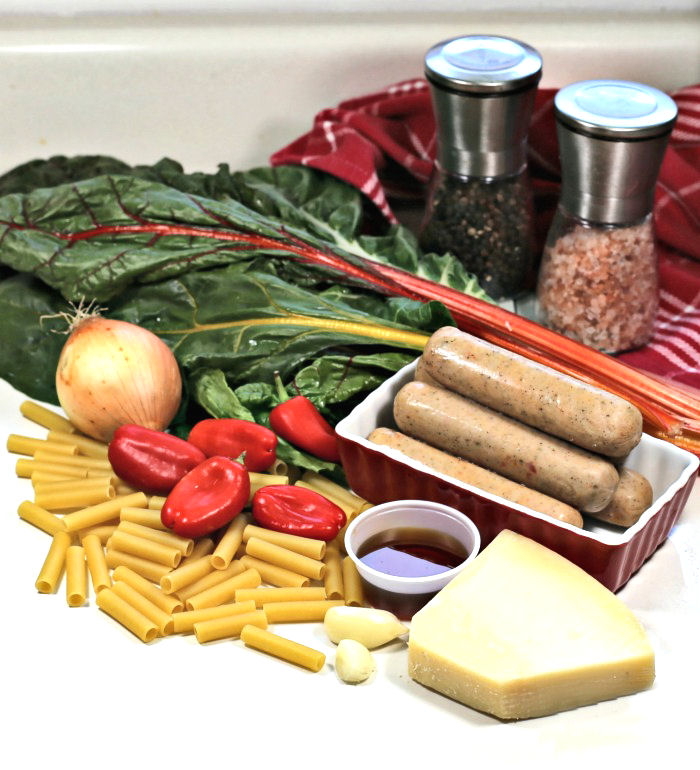 ingredients for ziti pasta with Italian sausages