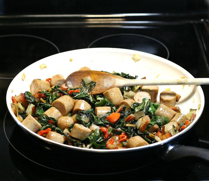 ziti with sausage and peppers and Swiss chard