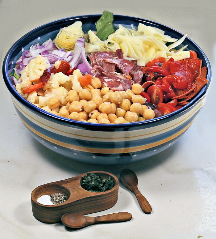 Healthy antipasto salad in a bowl
