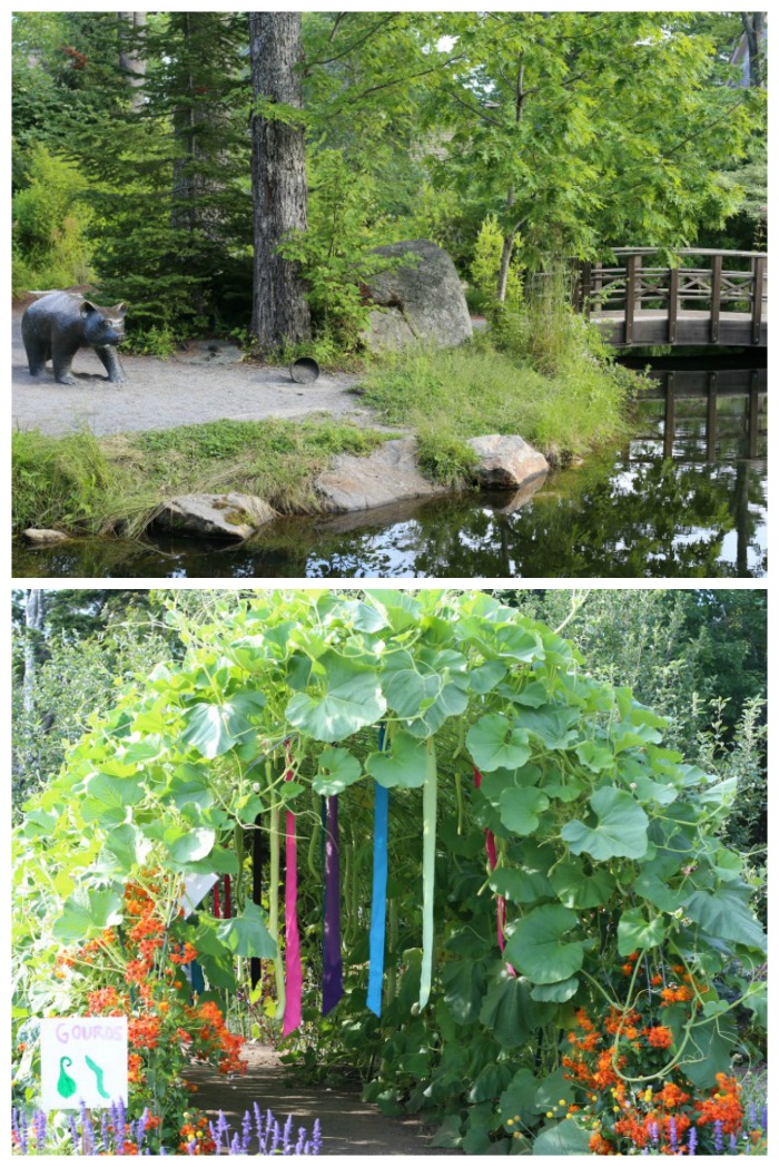 Children's garden in Boothbay Botanical gardens has animal statures, bridges over ponds and an arbor made of gourd vines