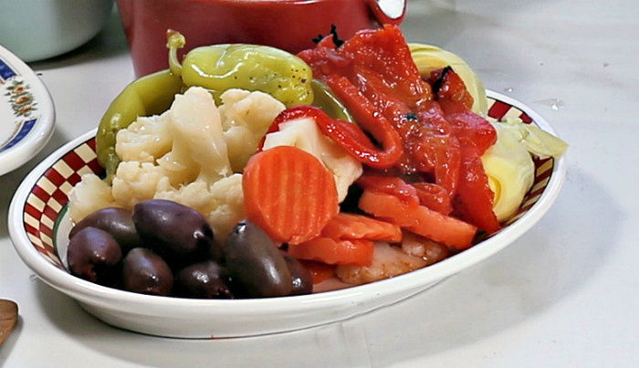 giardiniera, artichoke hearts, pepperoncini, rosasted red peppers and olives