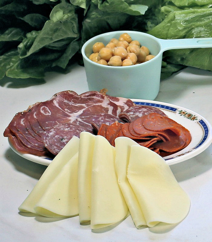 cured meat-provolone cheese and garbanzo beans