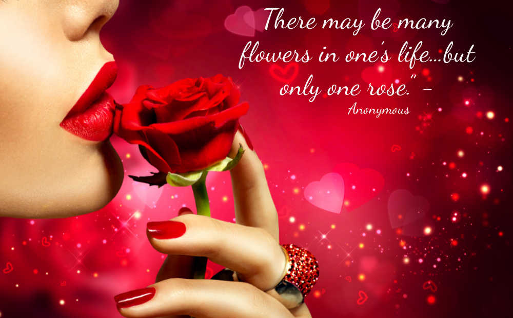 Girl holding a red rose with the quote: There may be many flowers in one’s life…but only one rose.