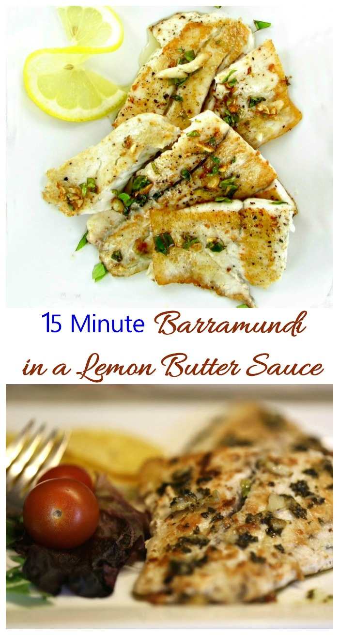 Cooked fish, salad and lemon with words 15 minute barramundi in a lemon butter sauce.