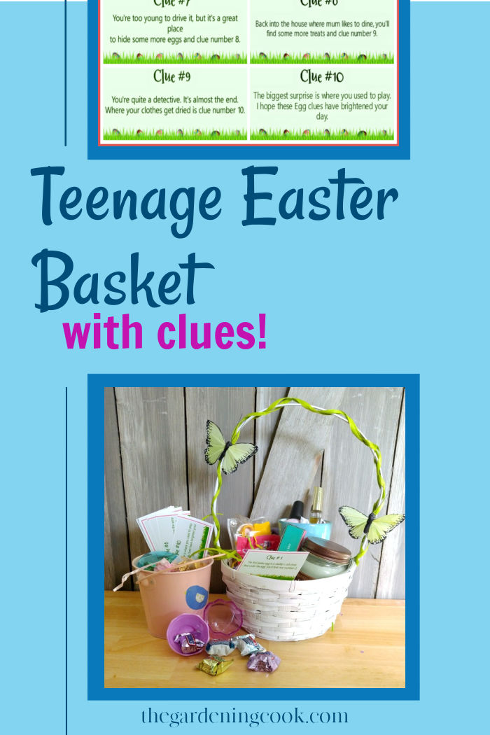 Easter basket with candy, candles, coffee mug and clues and words reading teenage Easter basket with clues.