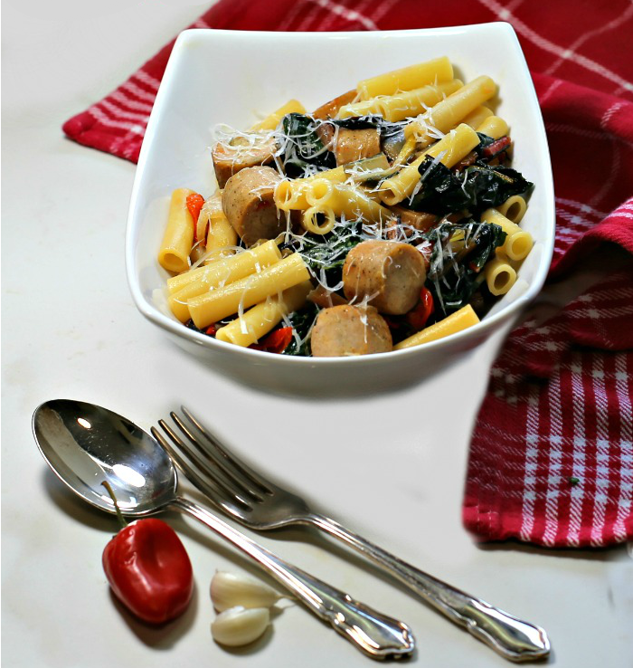 Swiss chard with pasta and sausages