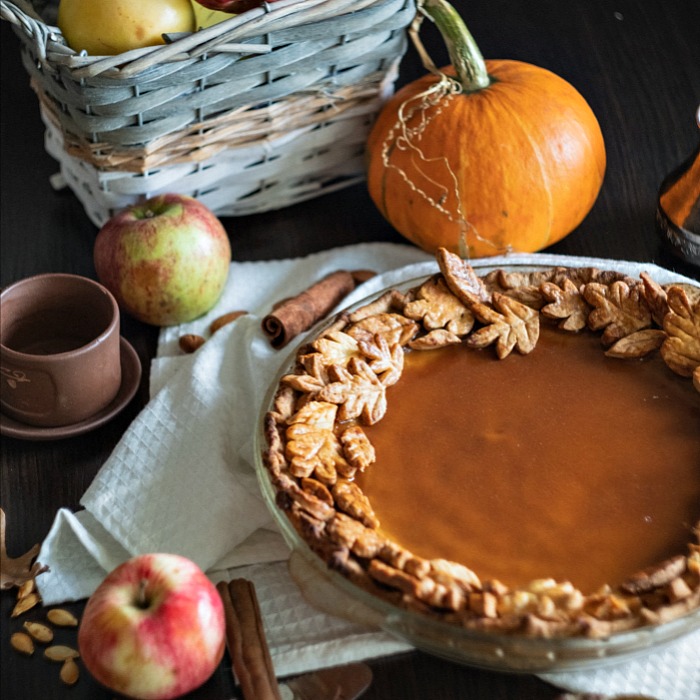 Pumpkin pie with a leaf crust design. Leaf pie crust design