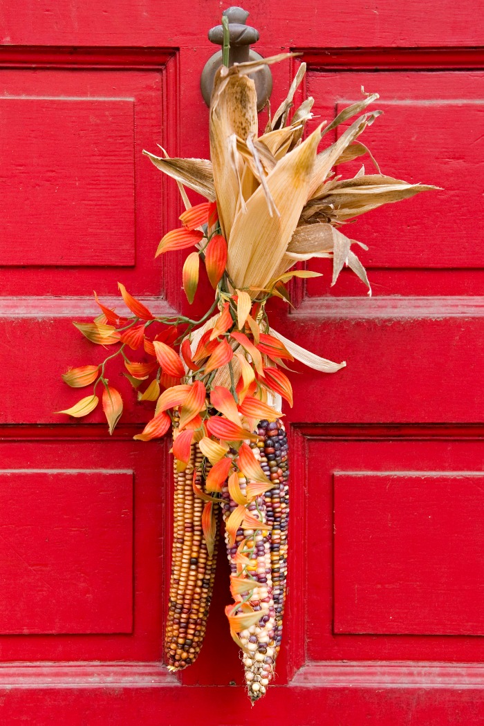 Indian corn door swag on a red door.