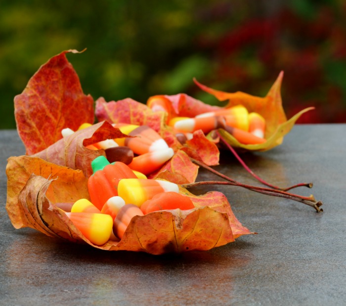 Candy corn and candy pumpkiin on fall leaves.