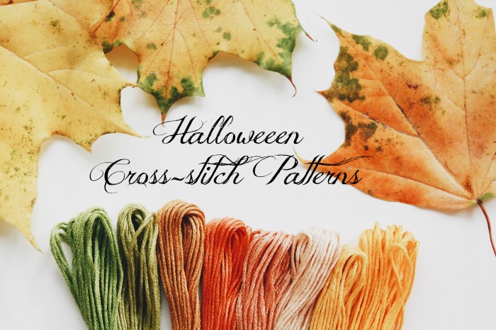 Halloween cross stitch patterns with leaves and yarn