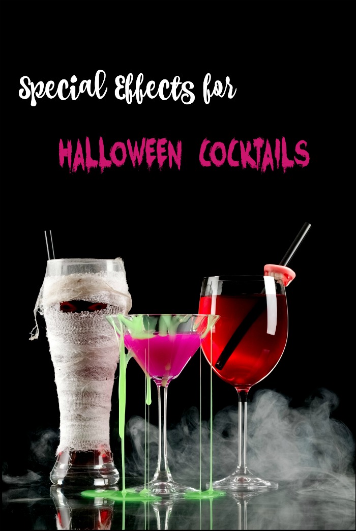 Fancy drinks with dry ice with text reading "special effects for Halloween cocktails."