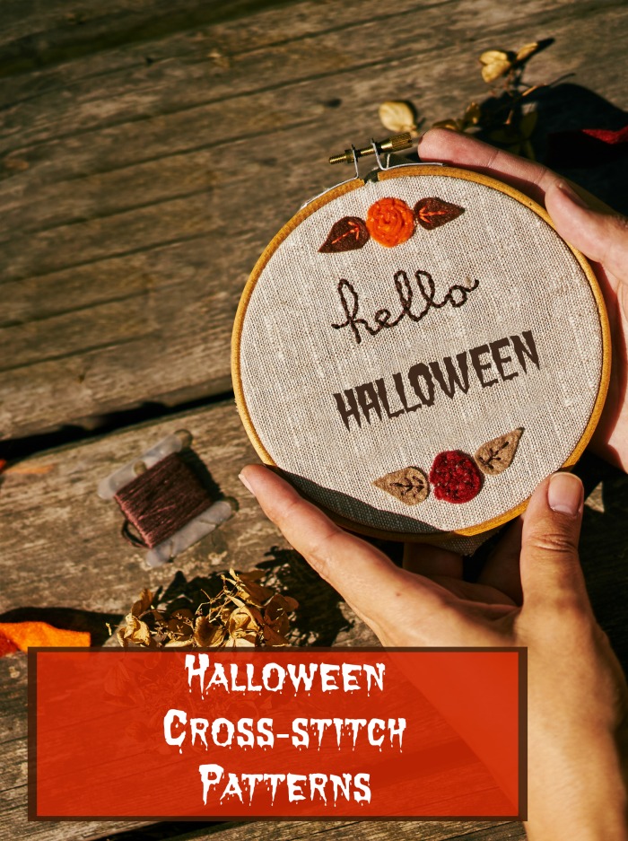 Making an embroidery project with text reading "Halloween cross-stitch patterns."