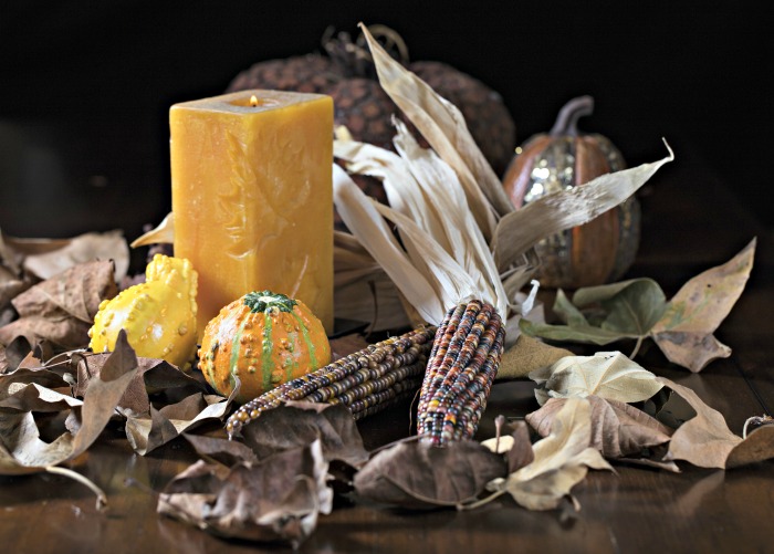 Indian corn table display using a block candle.