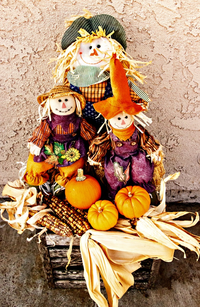 Scarecrow, pumpkins, Indian corn and basket.