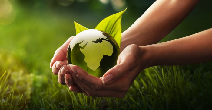 Hands holding leaves and green earth symbol.