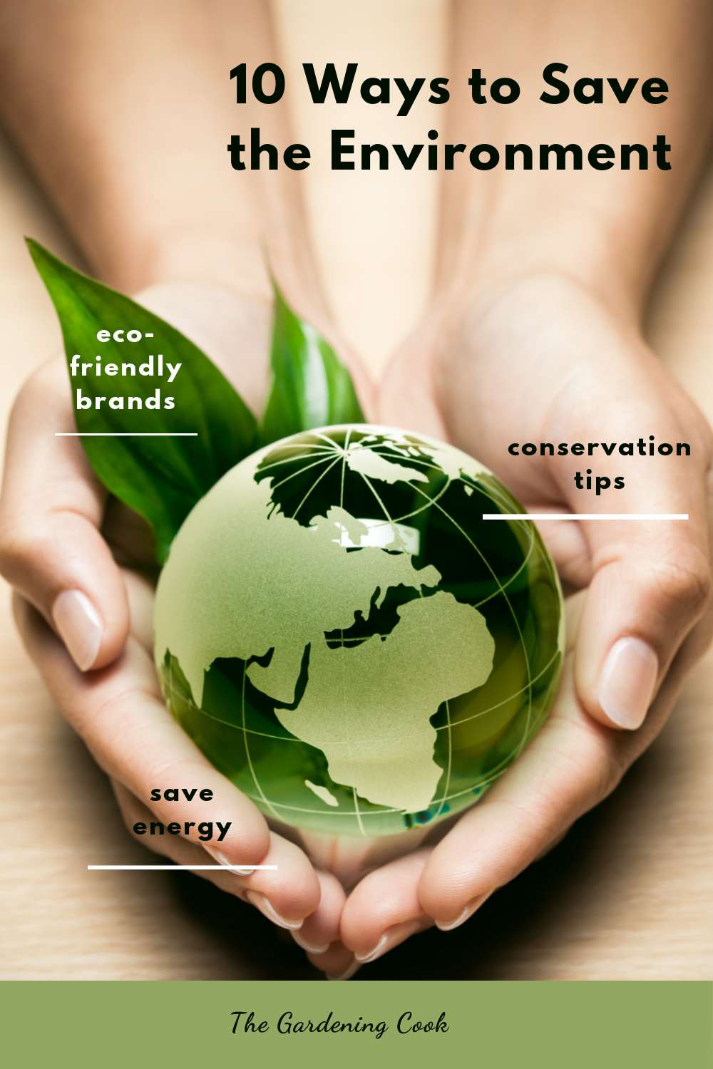 Hands holding a green earth with words 10 Ways to Save the Environment.