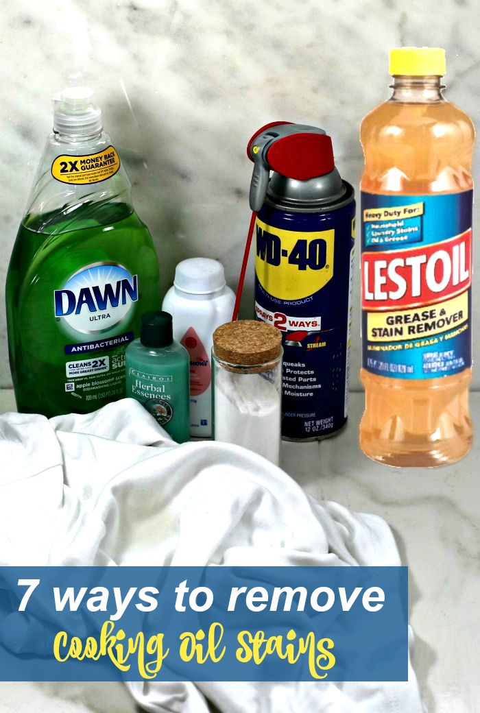Bottles of Dawn, shampoo, baby powder, WD-40, Lestoil, baking soda with words reading "7 ways to remove cooking oil stains."