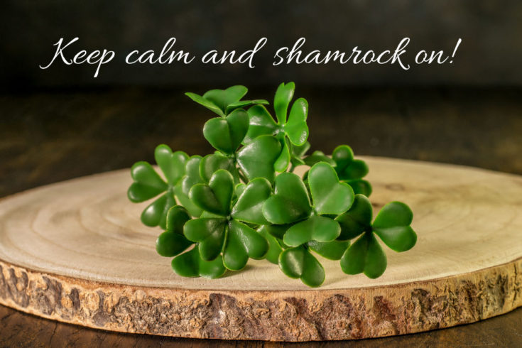 Shamrocks on a wood round with words "Keep calm and shamrock on."