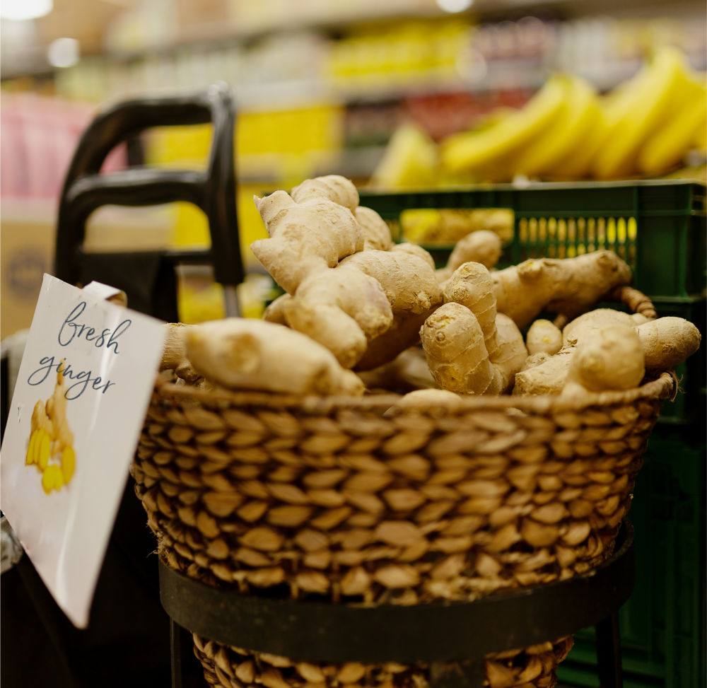 Basket of fresh ginger in a store.