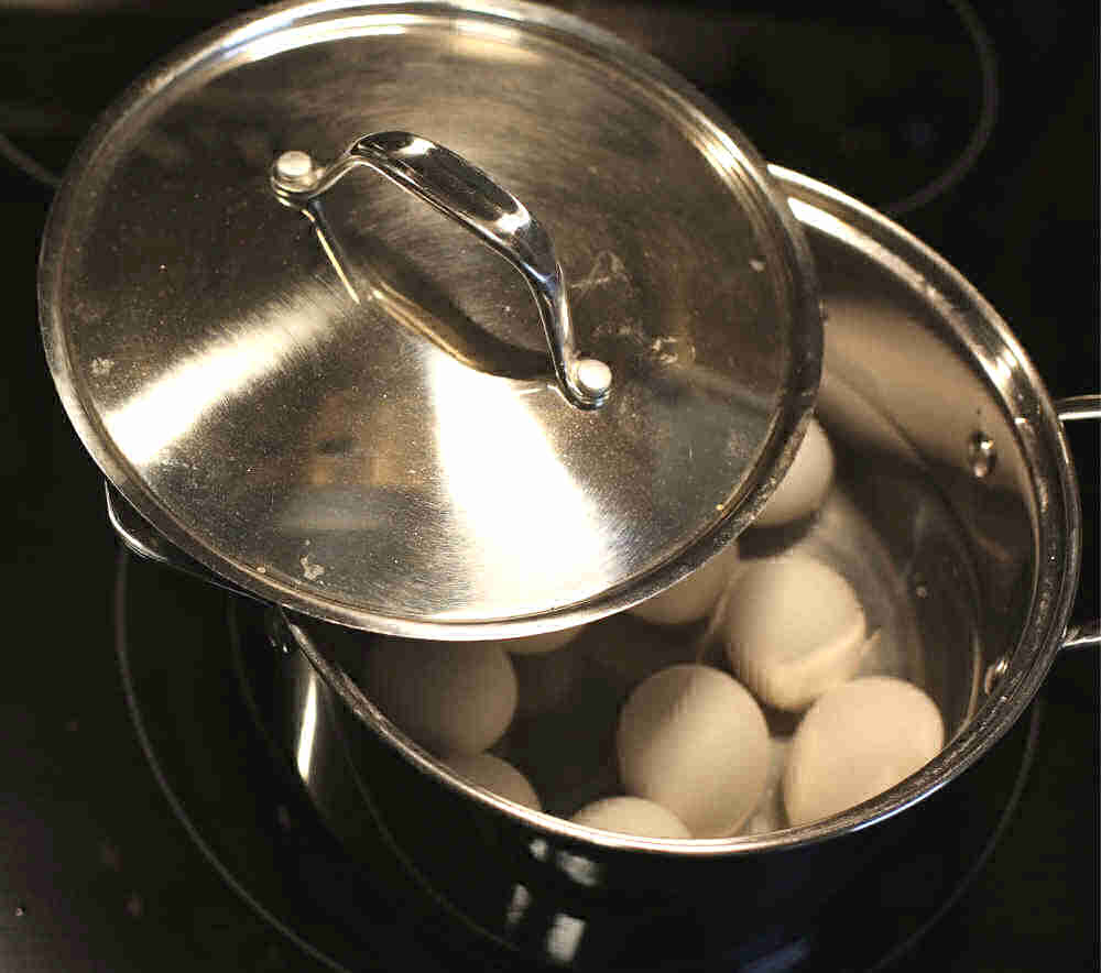 Putting a cover on eggs in a pan.