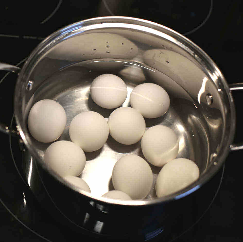 Eggs in pan of cold water on a black stove.