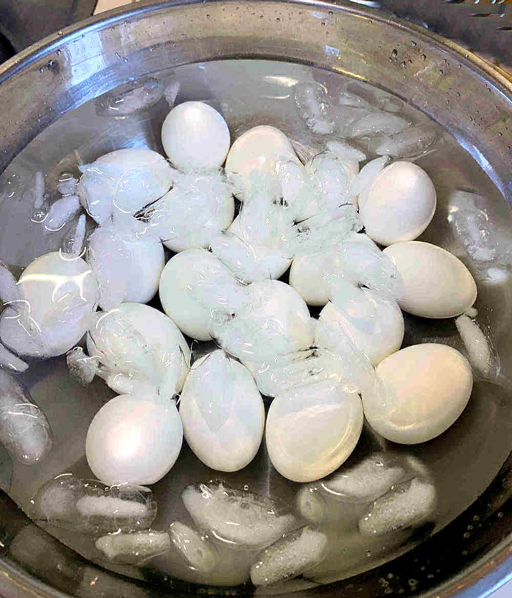 Eggs in a bowl of water with ice.