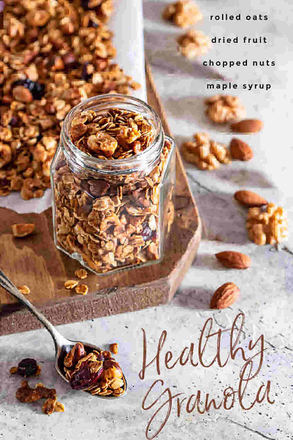 Granola on a baking sheet and in a jar with words "healthy granola" and list of ingredients.