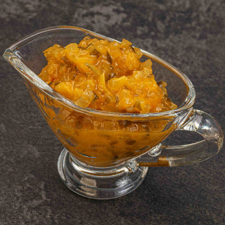 Sweet pickle relish in a serving dish.