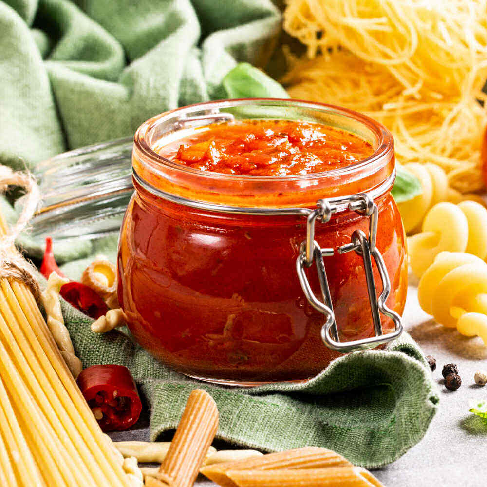 Roasted tomato pasta sauce in a Mason jar with dried spaghetti and a green napkin.