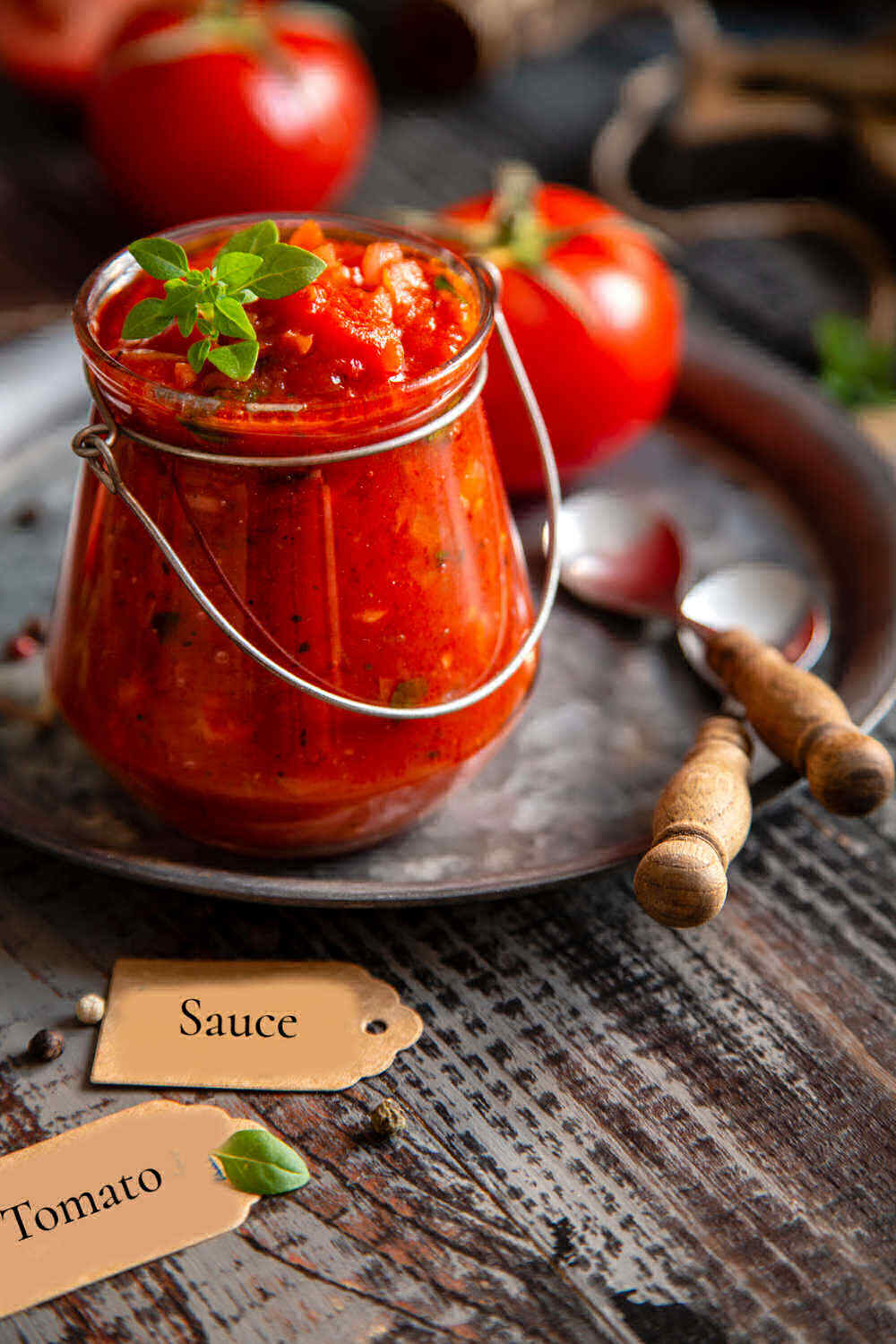 Jar of homemade roasted tomato pasta sauce with fresh tomatoes on a platter.